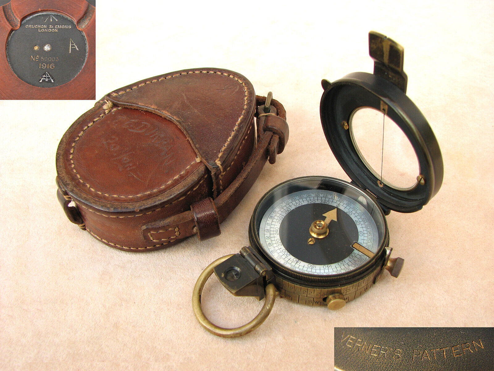 1916 Cruchon & Emons WW1 British Army Verners MK VII pocket compass with case